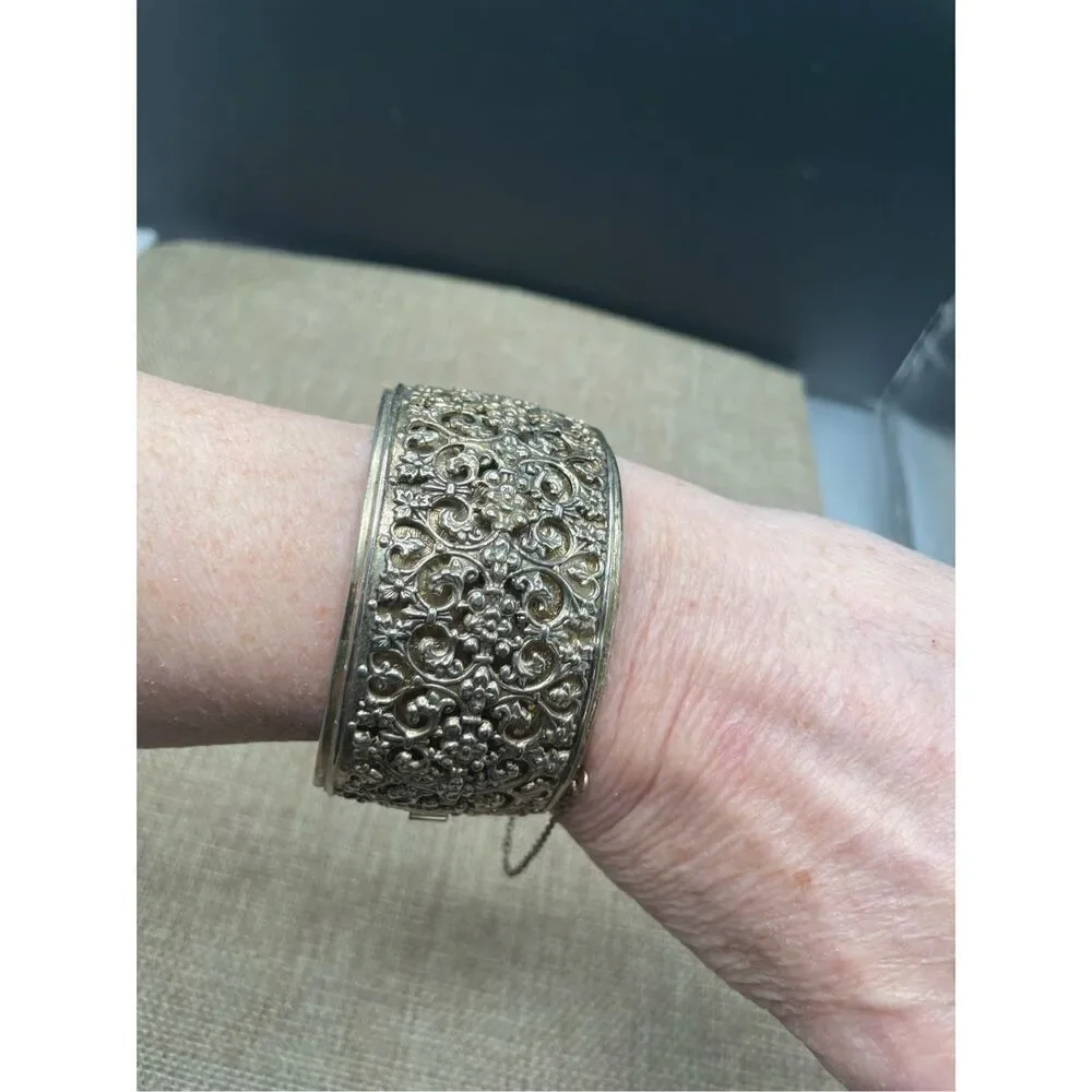 Vintage Silver Tone Wide Cuff Bangle Bracelet Scrolled Fancy Safety Chain